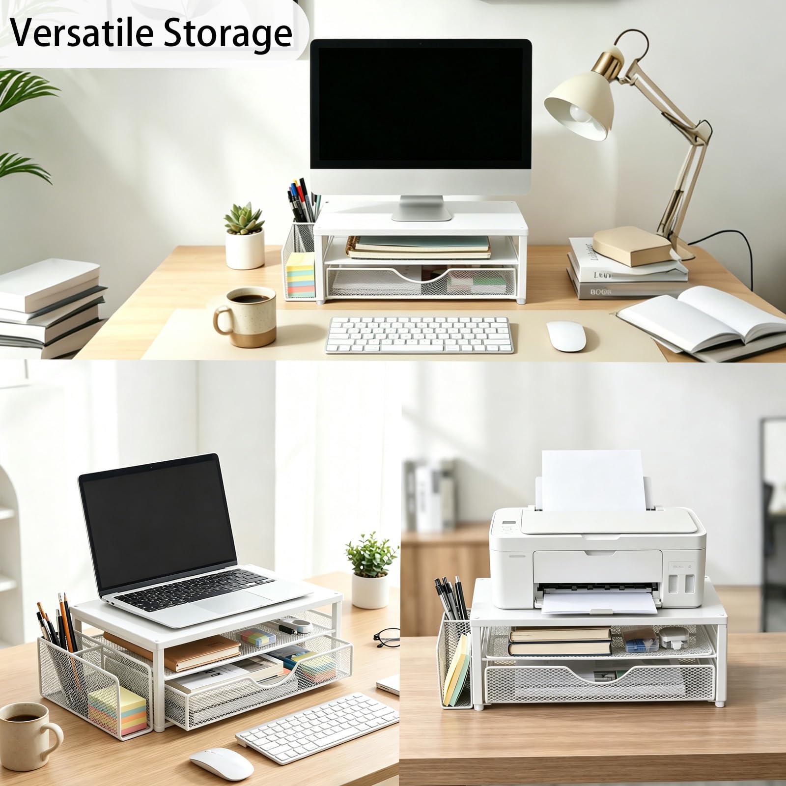 Spacrea Organizer da scrivania e accessori, supporto per monitor del computer con cassetto e 1 portapenne aperto, supporto per stampante e laptop, accessori da scrivania per casa e ufficio (bianco)