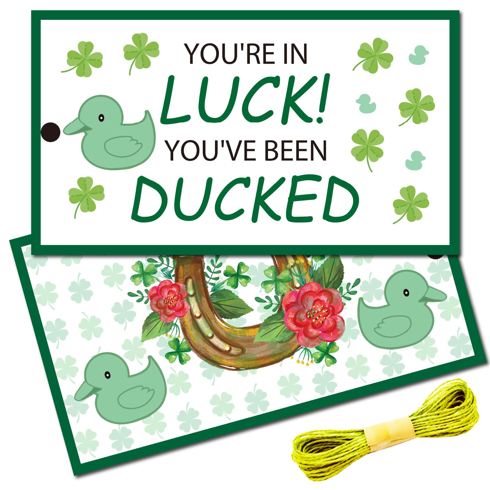 CREATCABIN 50Pcs YOU'VE BEEN DUCKED Card Cruising Rubber Duck Tag Cruise Duck Duck Tags Double Sided Duck Tag with Hole and Twine for Car Party Birthday Clover 2x3.5 Inch-You're in Luck