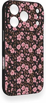 iPhone 17 Pro Uyumlu Mini Pembe Çiçek Desenli Silikon Kılıf, Siyah