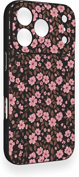 iPhone 17 Pro Uyumlu Mini Pembe Çiçek Desenli Silikon Kılıf, Siyah