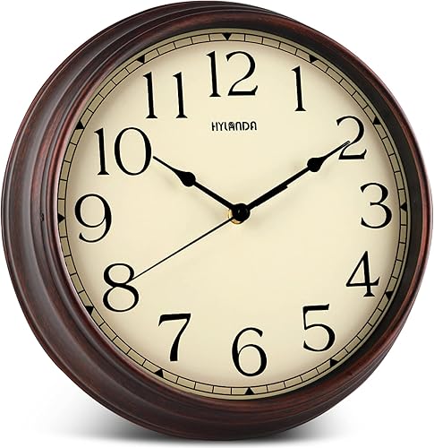 Miniatura 9 de HYLANDA Reloj de pared de 12 pulgadas, funciona con pilas, reloj de bronce para cocina, silencioso, sin tictac, color marrón, para sala de estar,