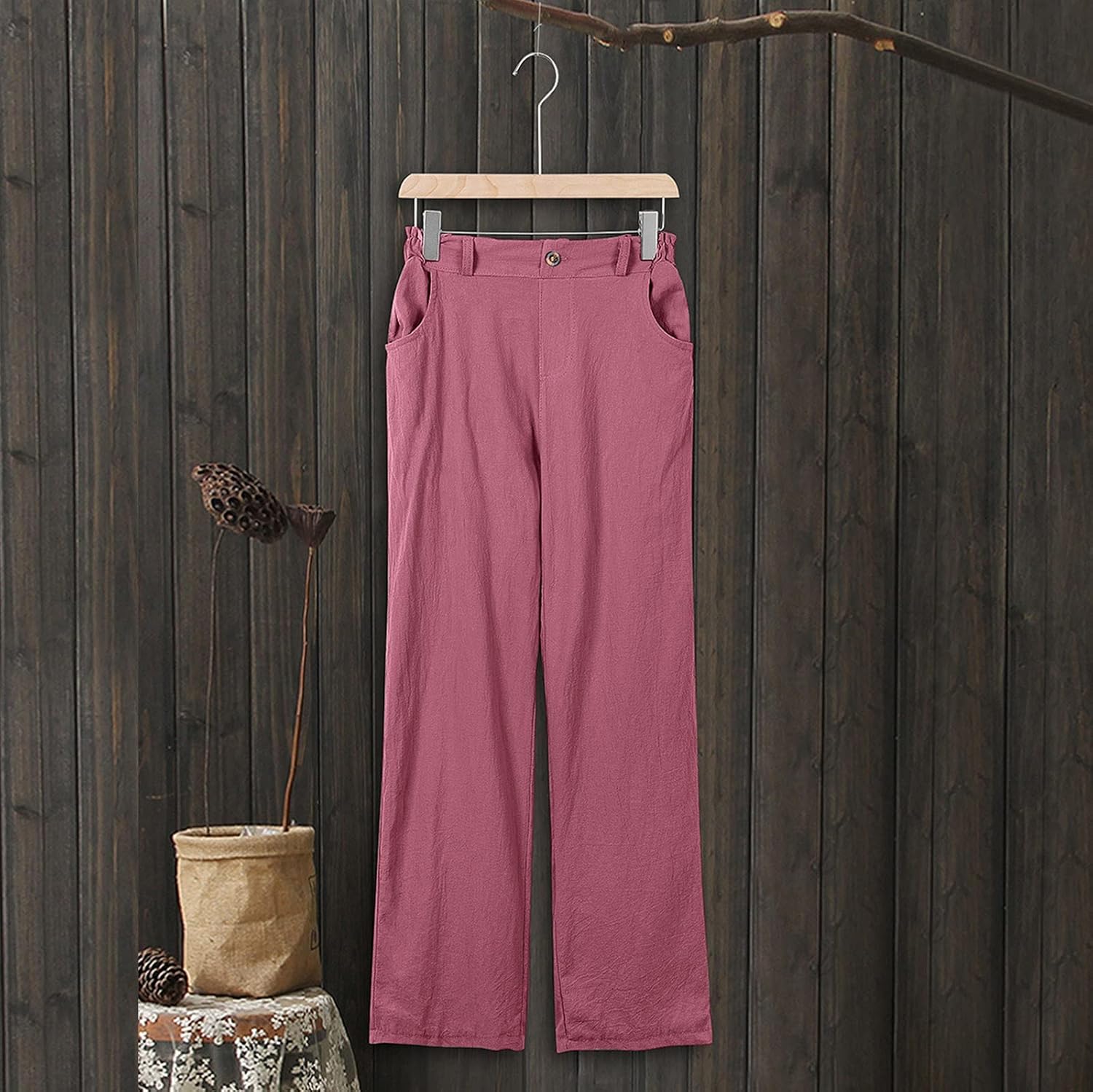 Leirke Womens Linen Buttons Cropped Pants High Elastic Waist with Pockets for Summer Casual Work Crop Pants Stretch Capris : Clothing, Shoes & Jewelry