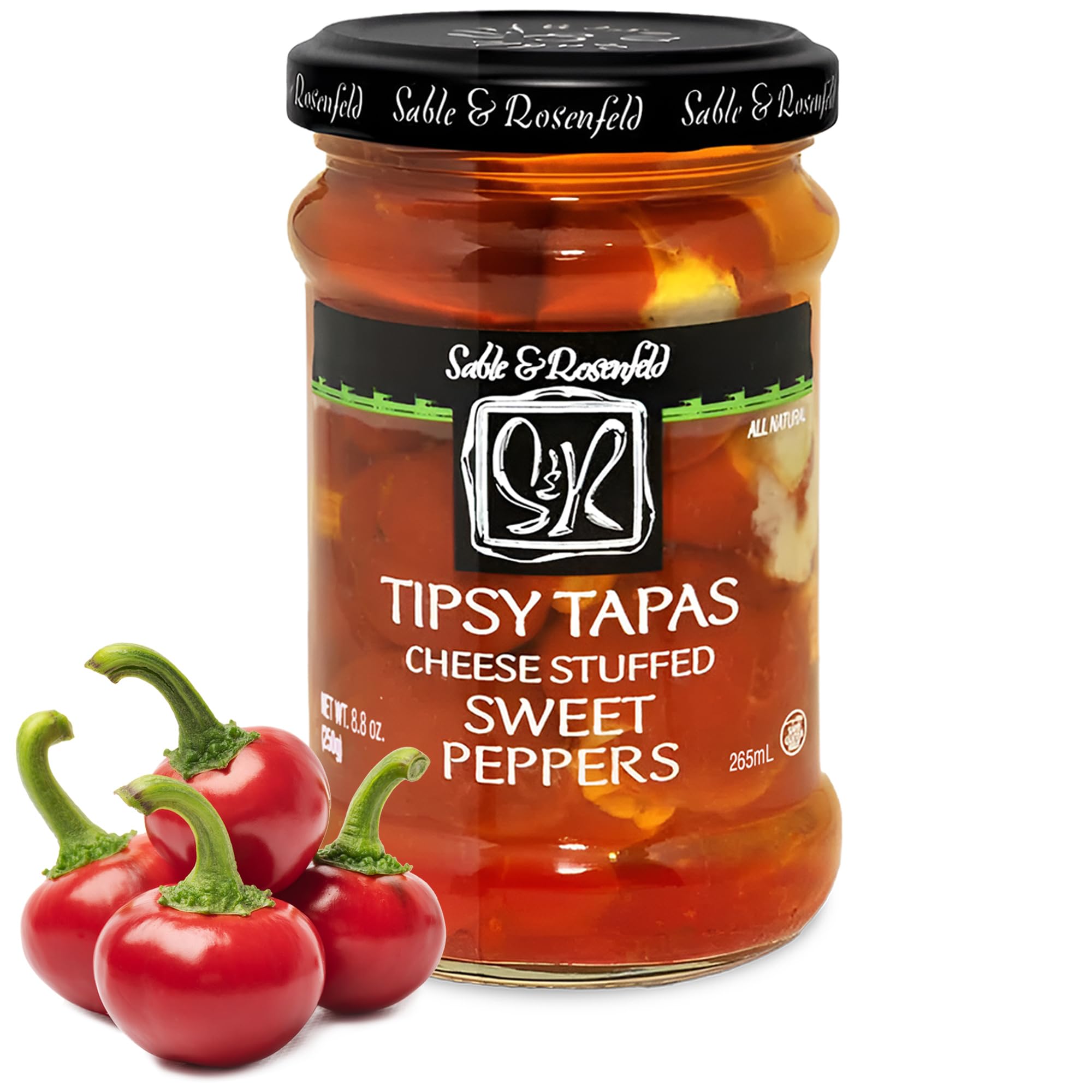Sable & Rosenfeld Tipsy Tapas Cheese Stuffed Sweet Peppers in a Jar 8.8 oz (Pack of 1), Hand-Stuffed with Cream Cheese, Gluten-Free Gourmet Appetizer