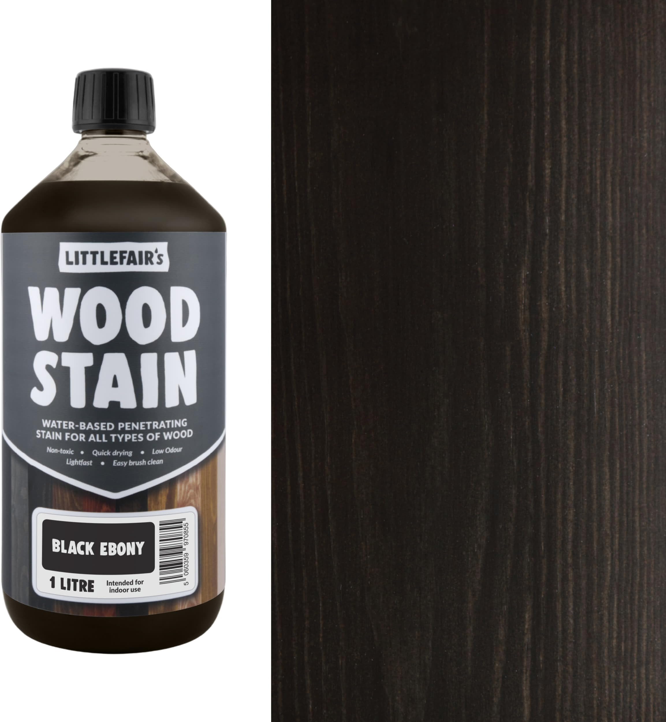 Littlefair's Wood Stain Water Based - 1 LTR - Indoor Furniture Stain Light & Dark Finishes - Special Non Toxic & Eco Friendly Formula - Wood Stain for Crafts - Colour: Black Ebony