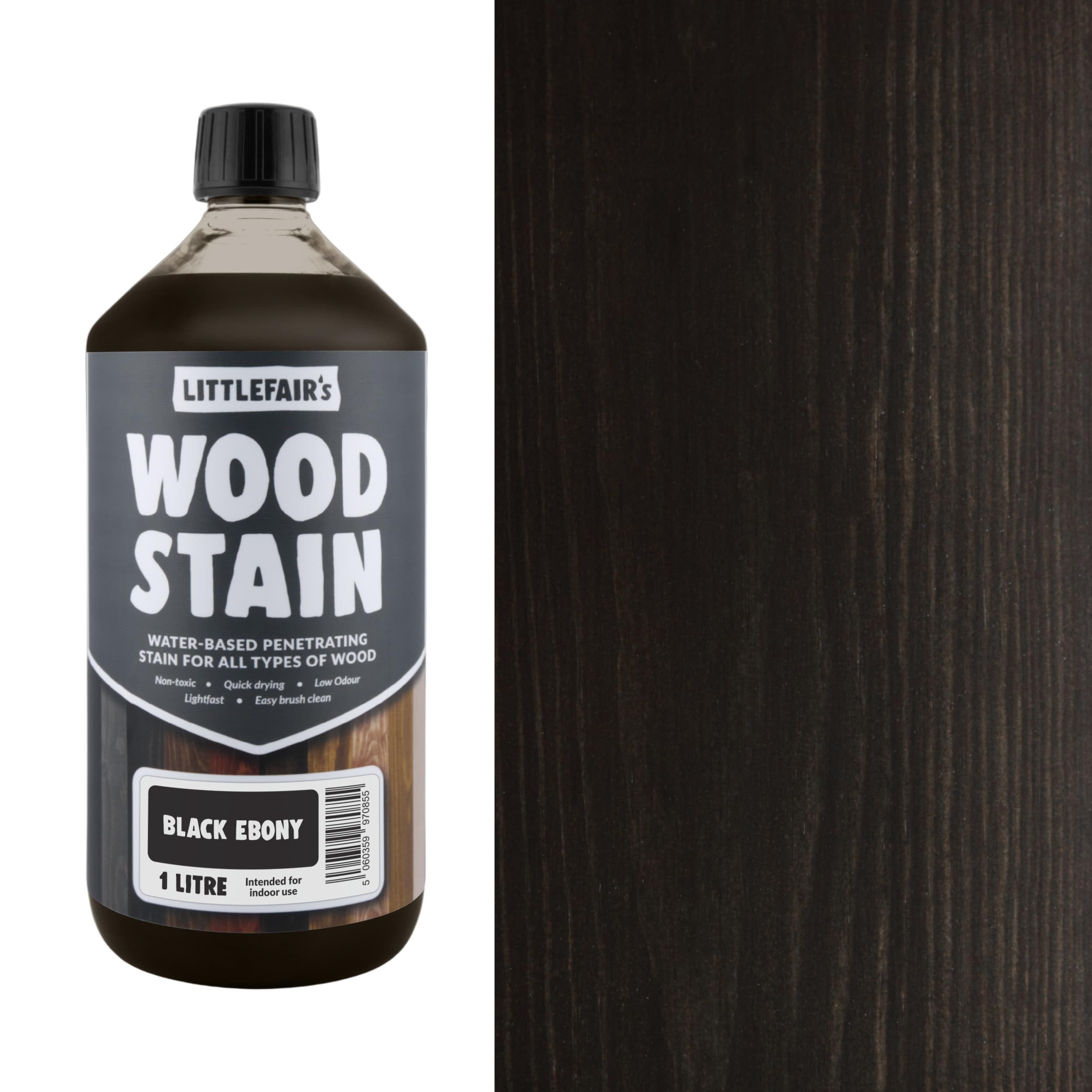 Littlefair's Wood Stain Water Based - 1 LTR - Indoor Furniture Stain Light & Dark Finishes - Special Non Toxic & Eco Friendly Formula - Wood Stain for Crafts - Colour: Black Ebony