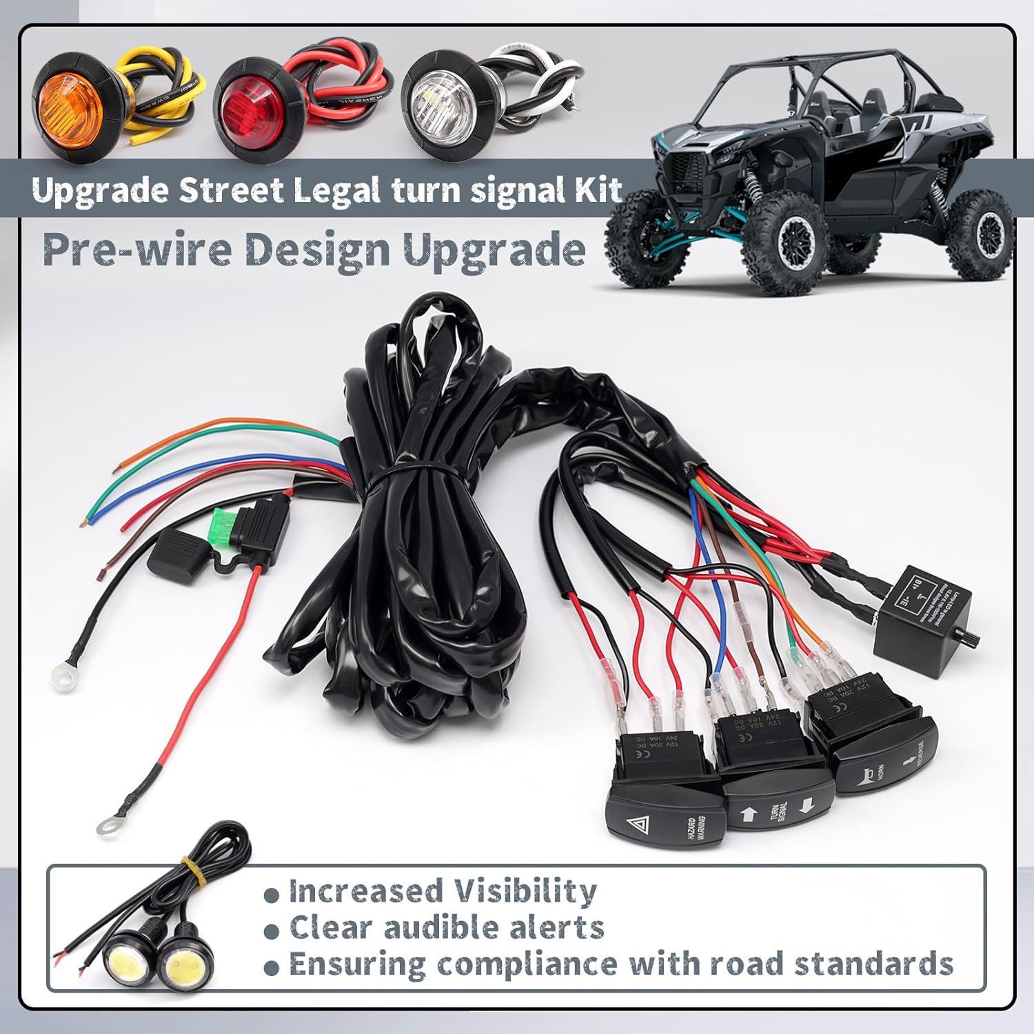 Pre-Wired ATV UTV Turn Signal Horn Kit,Universal Street Legal Kit Warning Light Rocker Switch Kit with 1Horn Reverse Lights Flasher Relay Fuse,Blinker kit for UTV ROV ATV Golf SXS