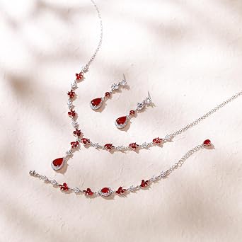 Cubic Zirconia Wedding Jewellery Set for Bride, Teardrop Marquise CZ Pendant Necklace Leaf Dangle Earrings Link Bracelet for Women Bridesmaid Prom Formal Costume