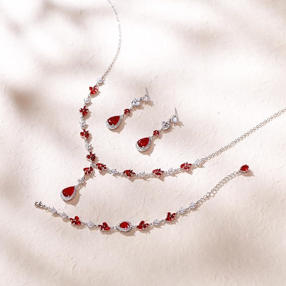 Cubic Zirconia Wedding Jewellery Set for Bride, Teardrop Marquise CZ Pendant Necklace Leaf Dangle Earrings Link Bracelet for Women Bridesmaid Prom Formal Costume