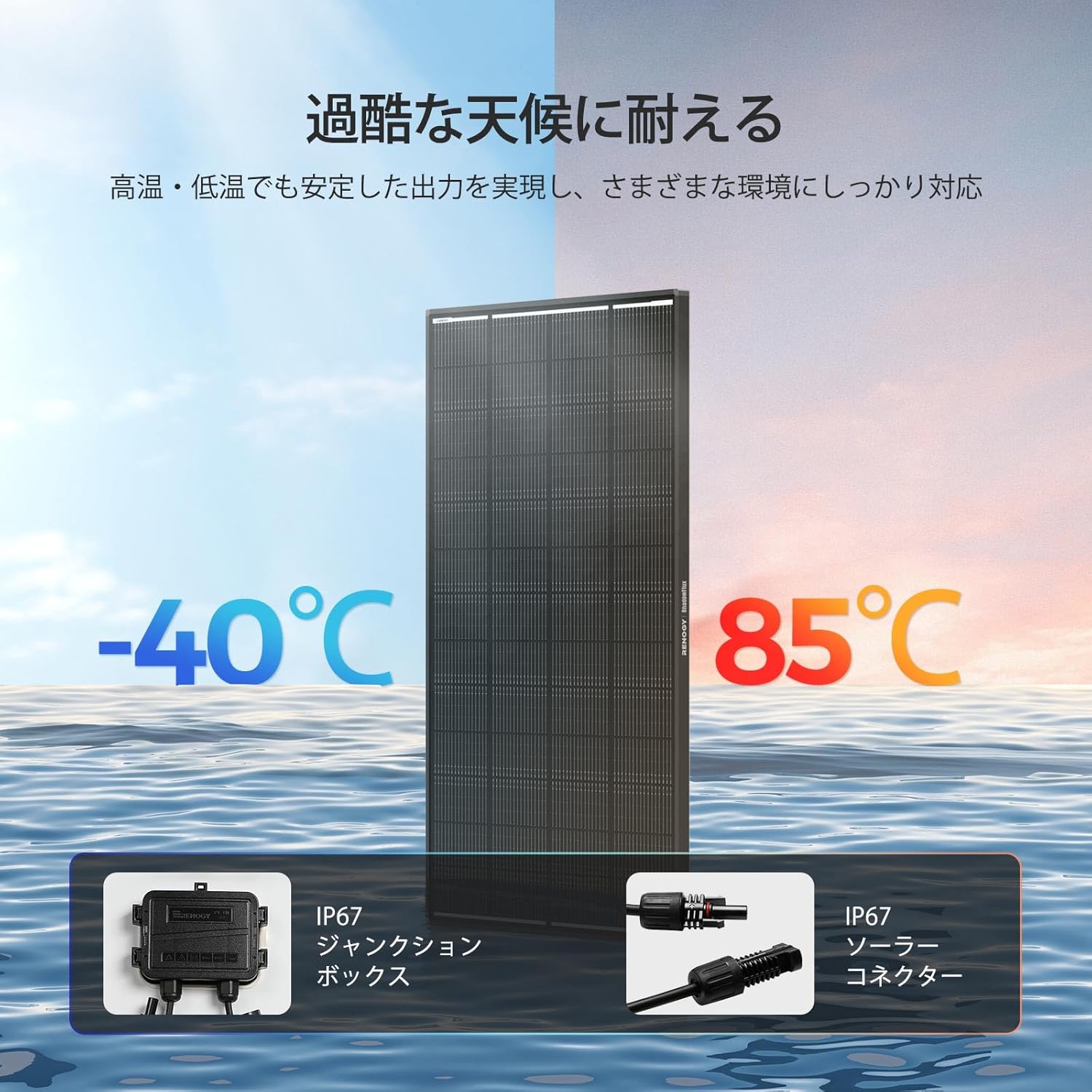 Image showing the Renogy ShadowFlux solar panel with temperature range and IP67 components
