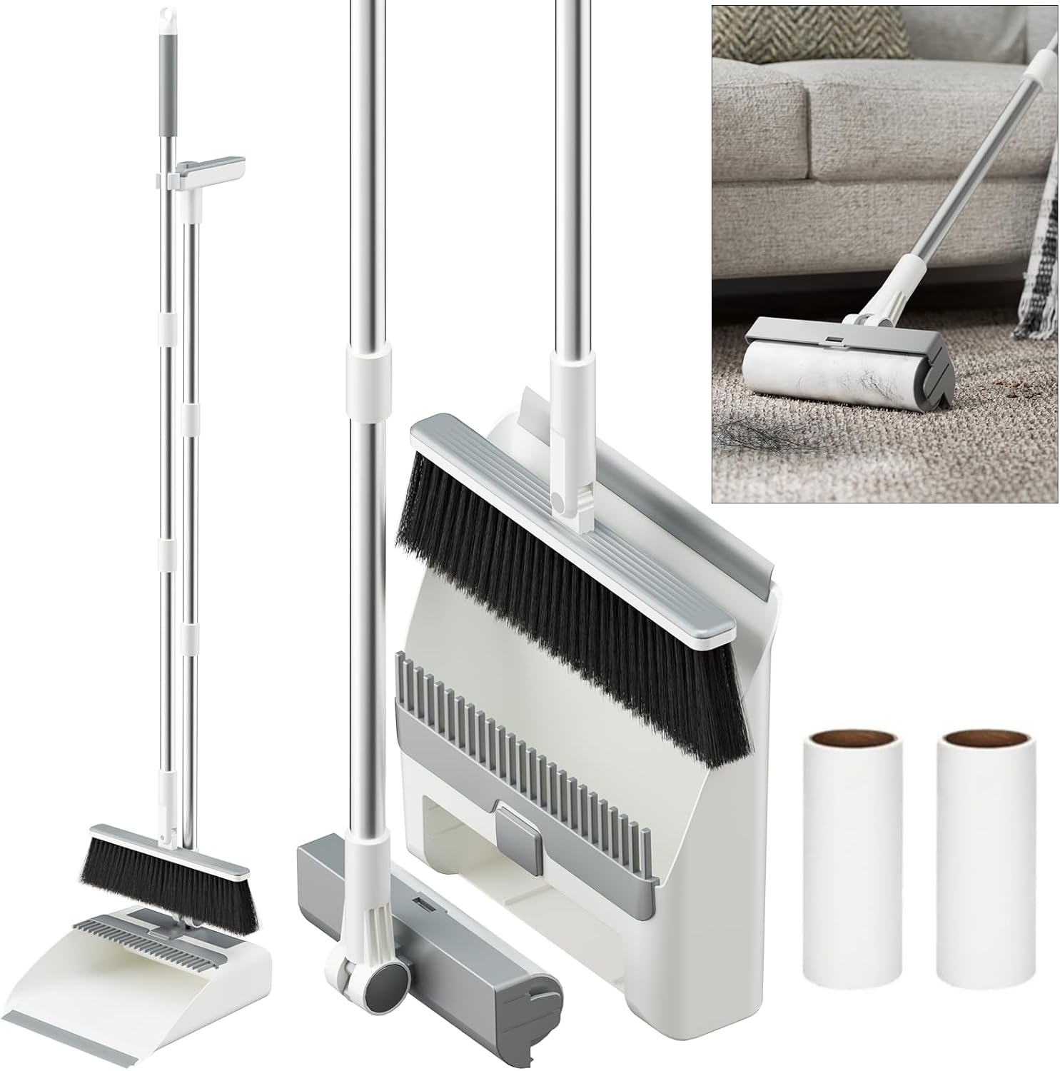 Broom And Dustpan Combo Set, Dust Pan with 3-In-1 Reusable Lint Roller Design 180° Brooms with Self-Cleaning Teeth for Floor Bathroom Kitchen Shower Tile Pet Hair Carpet Couch with 2 Extra Lint Roller