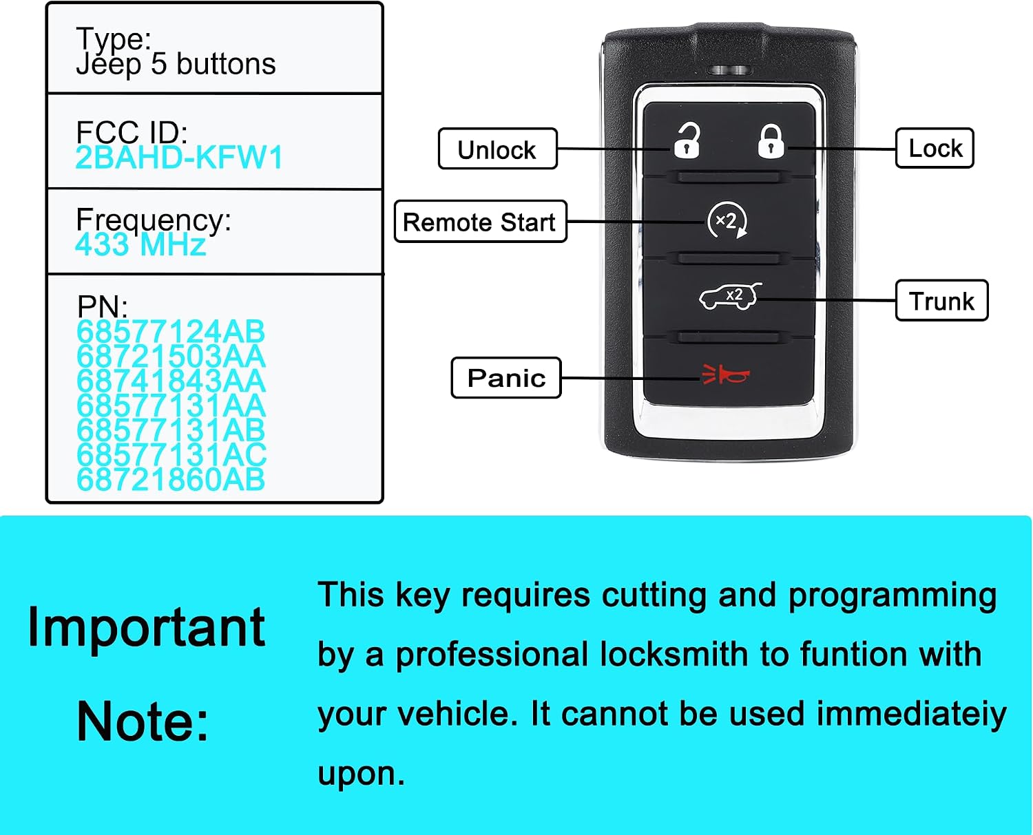 Smart Key Fob for Jeep Grand Cherokee/Jeep Grand Wagoneer 2024-2026 | YIKEBALOG 5-Buttons Proximity Key Fob Replacement for Jeep Grand Cherokee Jeep Grand Wagoneer/Wagoneer 2024-2026 2BAHD-KFW1