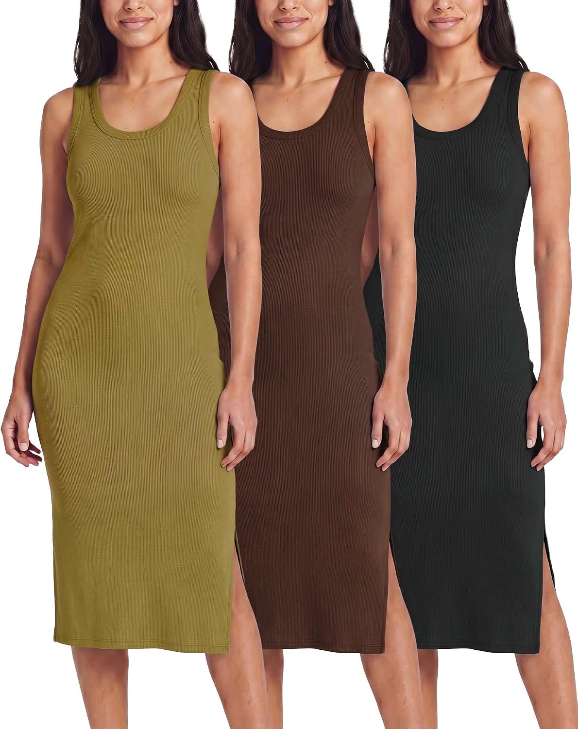 Real Essentials 3 Pack: Women's Ribbed Knit Sleeveless Crew Neck Tank Casual Midi Shift Dress with Slit