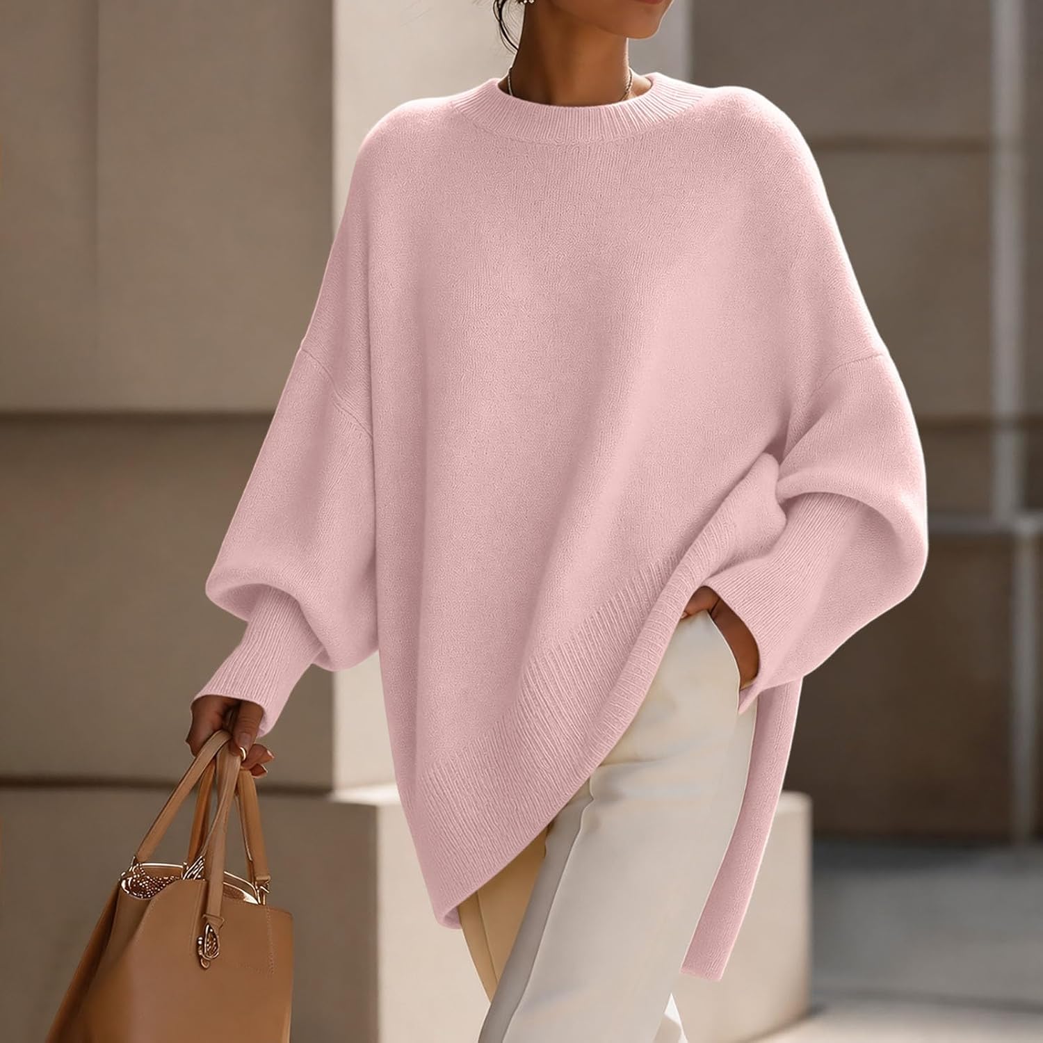 Women Oversized Crew Neck Knit Sweater Batwing Sleeve Tunic Shirts