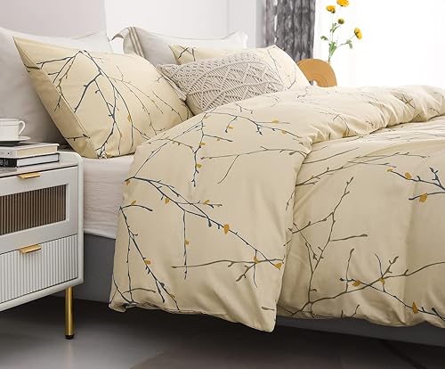 Miniatura 3 de SLEEPBELLA Funda de edredón tamaño individual, 600 hilos de algodón con ramas color crema reversible (tamaño individual, rama crema)