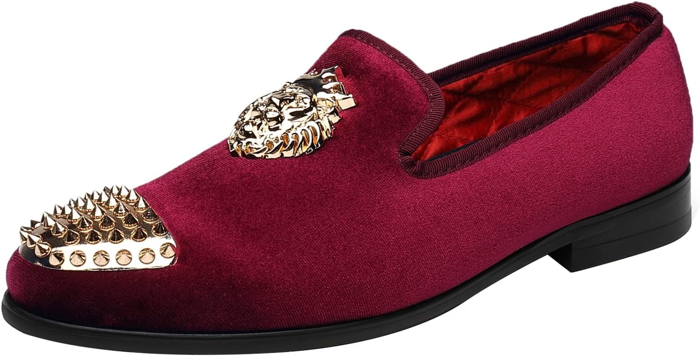 ELANROMAN Men's Loafers Gold Buckle Wedding Party Prom Velvet Dress Shoes
