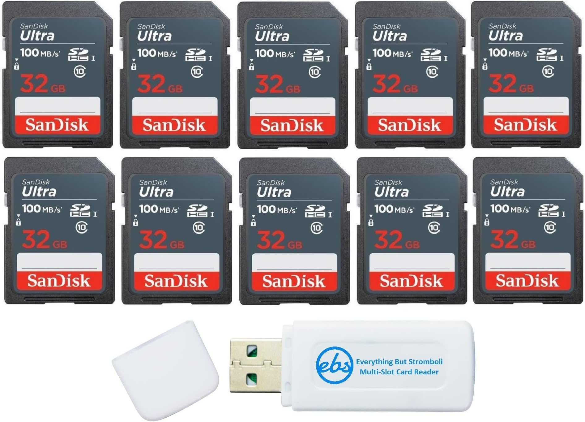 32GB Ultra SD Memory Card (10 Pack) SDHC UHS-I Card 100 MB/s Class 10 (SDSDUNR-032G-GN3IN) Bundle with (1) Everything But Stromboli SD/Micro Card Reader