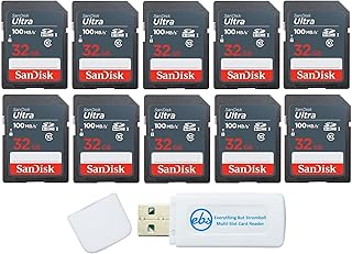 SanDisk 32GB Ultra SD Memory Card (10 Pack) SDHC UHS-I Card 100 MB/s Class 10 (SDSDUNR-032G-GN3IN) Bundle with (1) Everything But Stromboli Microfiber Cloth & SD/Micro Card Reader