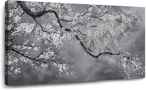 Miniatura 1 de Lienzo grande para pared, sala de estar, decoración floral de pared, flores blancas, fondo gris, pintura al óleo pintada a mano, marco moderno,