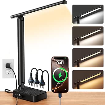 LED Desk Lamp with Power Strip, 3 AC Outlets & 4 USB Ports (2 USB-C), Dimmable & Eye-Caring
