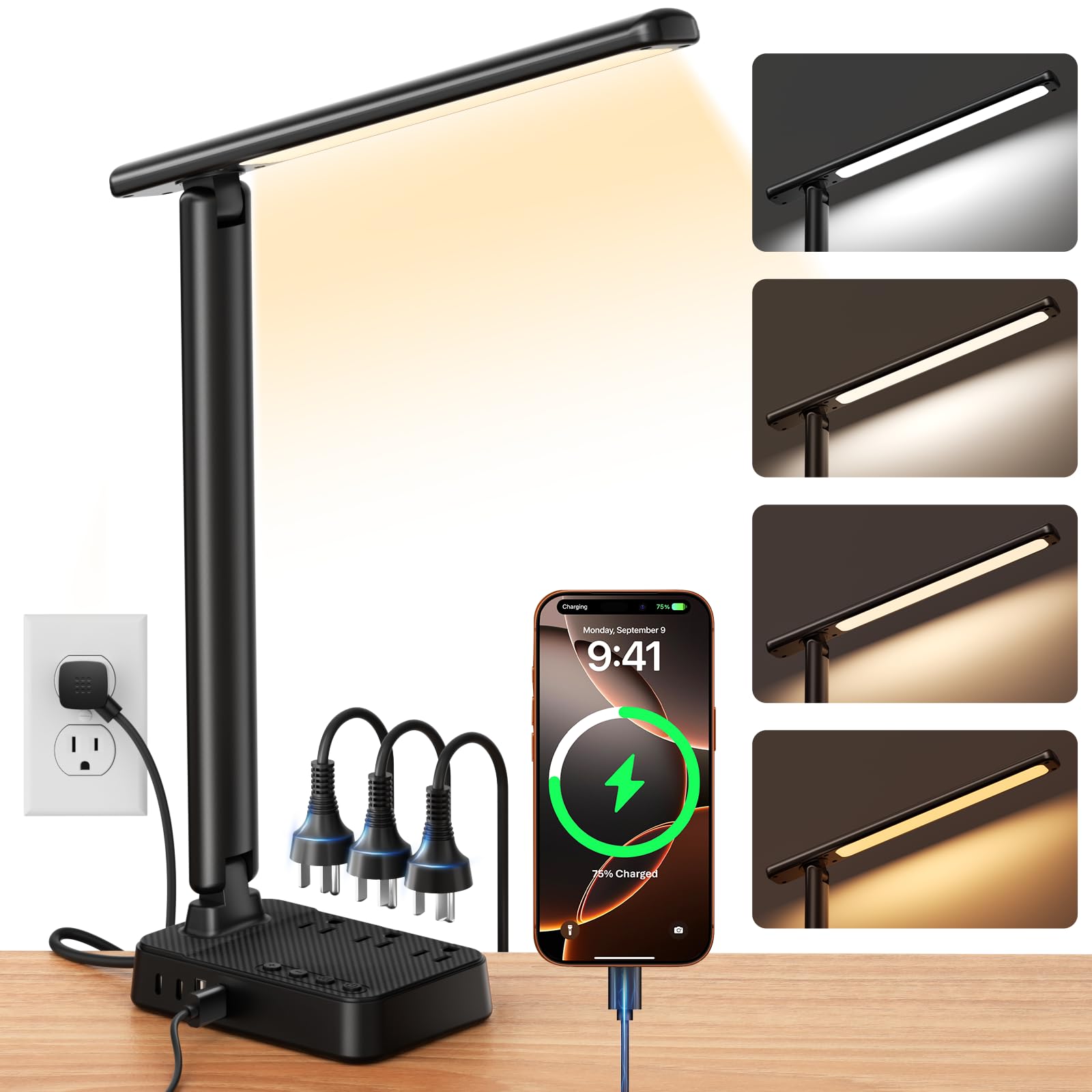 Desk Lamp with Power Strip, 3 AC Outlets & 4 USB Ports (2 USB-), Stepless Dim…