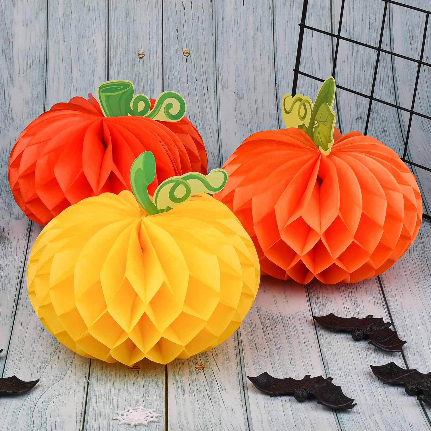 Lot De 6 Lanternes Papier Citrouille 3D Pour Halloween - Décorations En Nid D'abeille, 12x20 Cm - 9