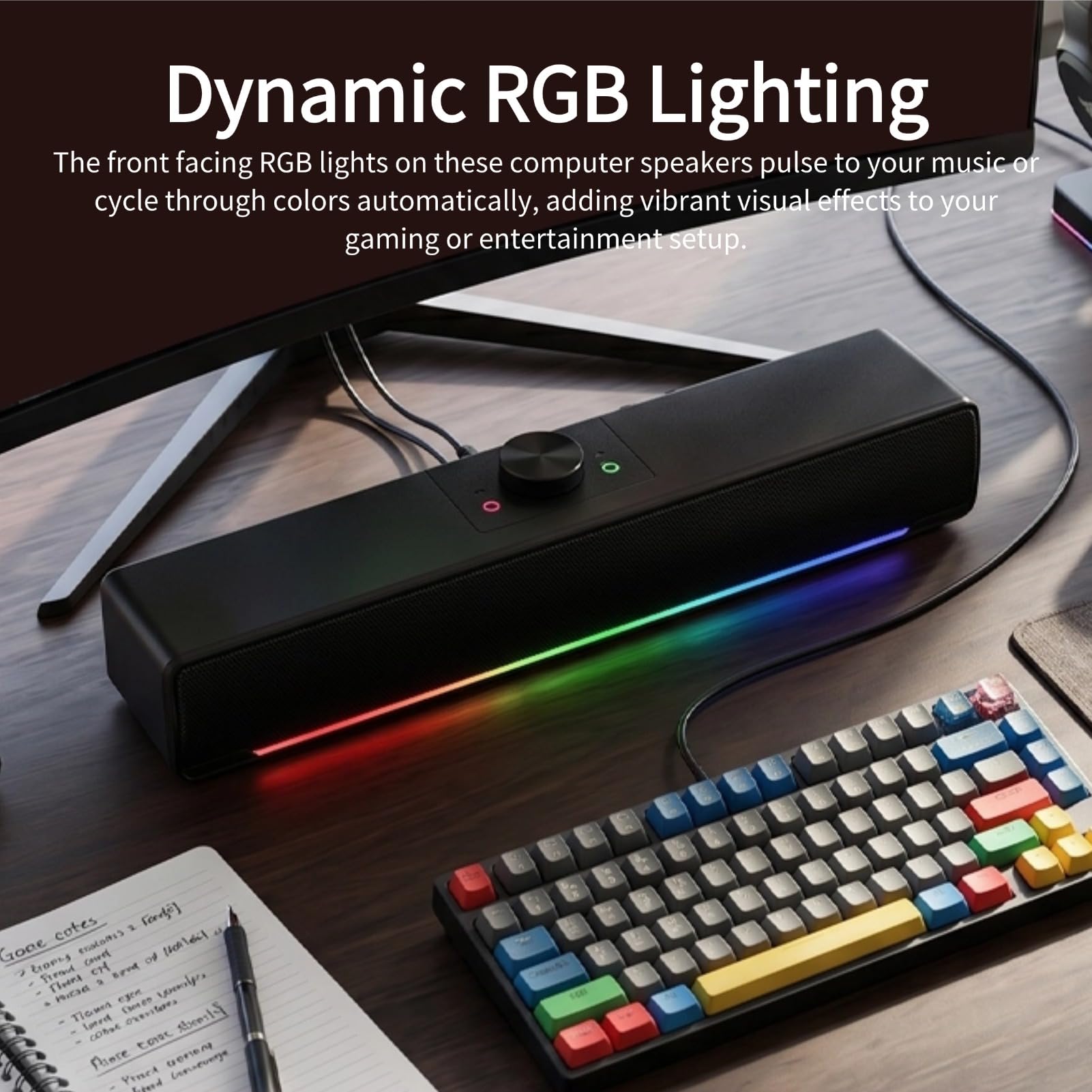 Altavoz para Ordenador, Altavoz Estéreo HiFi de Escritorio, con Iluminación RGB Dinámica y Control de Volumen Mediante Mando Giratorio, Bluetooth RGB para Juegos de