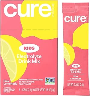 Cure Hydration - Kids Electrolyte Drink Mix | Plant-Based Pediatrician Formulated Rehydration Powder | No Added Sugar, Non-GMO, Gluten-Free, No Artificial Flavors | Box of 6 Packets - Pink Lemonade