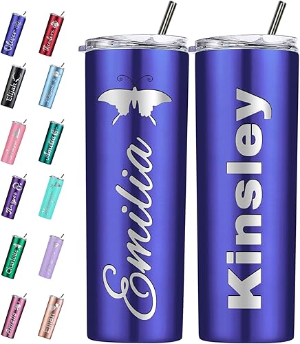 Miniatura 9 de Vaso personalizado personalizado con nombre grabado y logotipo, vasos delgados personalizados con tapa y pajita, vaso aislado de acero inoxidable de