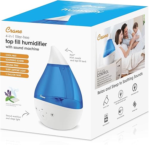 Miniatura 9 de Crane Humidificador ultrasónico de niebla fría 4 en 1 Drop 2.0 con máquina de sonido, luz nocturna, bandeja de aroma, relleno superior de 1 galón,