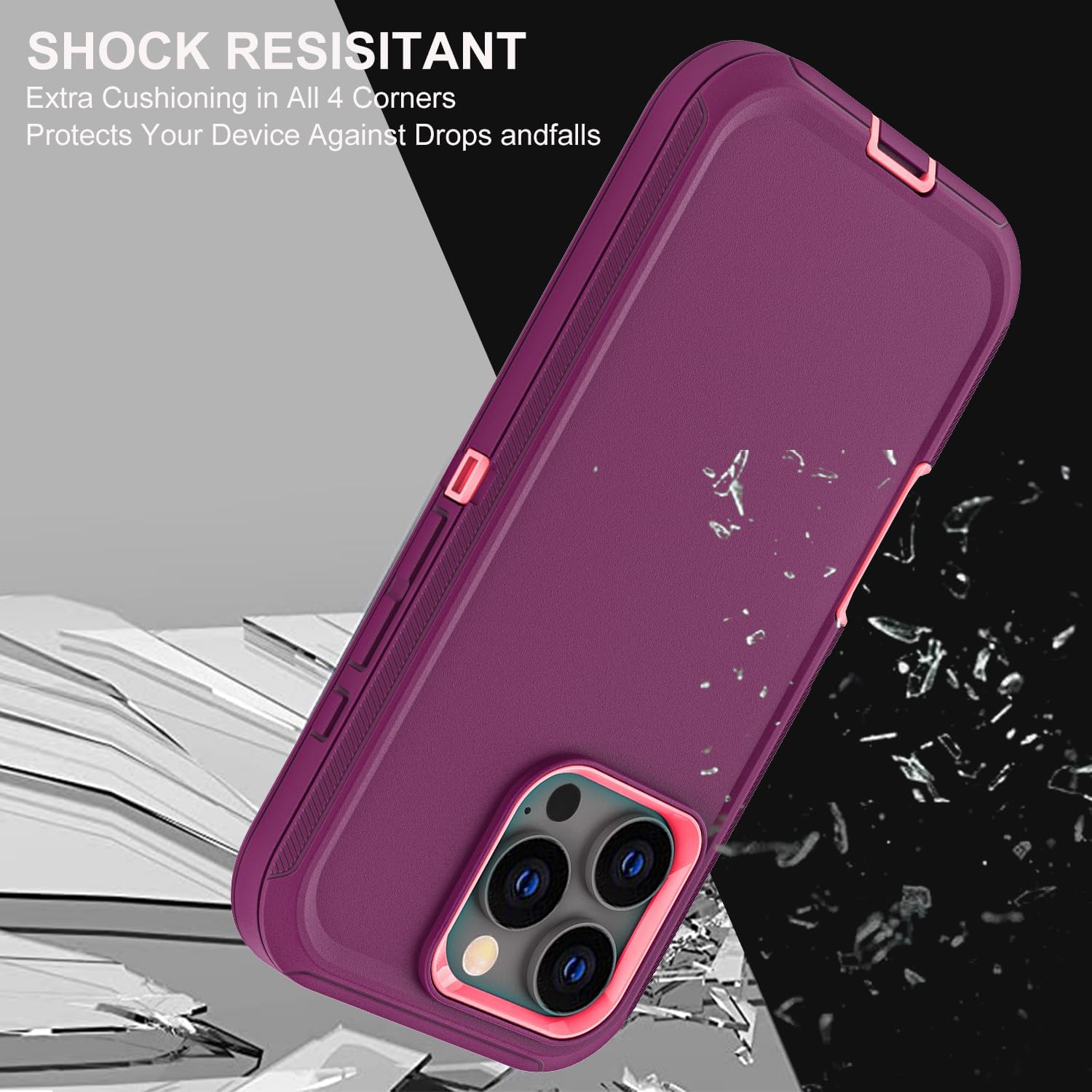 for iPhone 16 Pro Case, Military Grade 3 in 1 Heavy Duty Shockproof/Drop Proof/Dust Proof Case with 2Pcs Tempered Glass Screen Protector (Purple/Pink) - Image 5