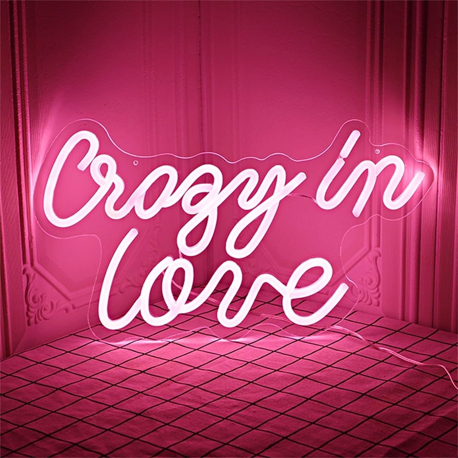 KIJyfgTR LED Neon Light Sign Crazy in Love Neon Signs, Wedding Decor USB Powered Acrylic Pink LED Neon Lights 42X24cm