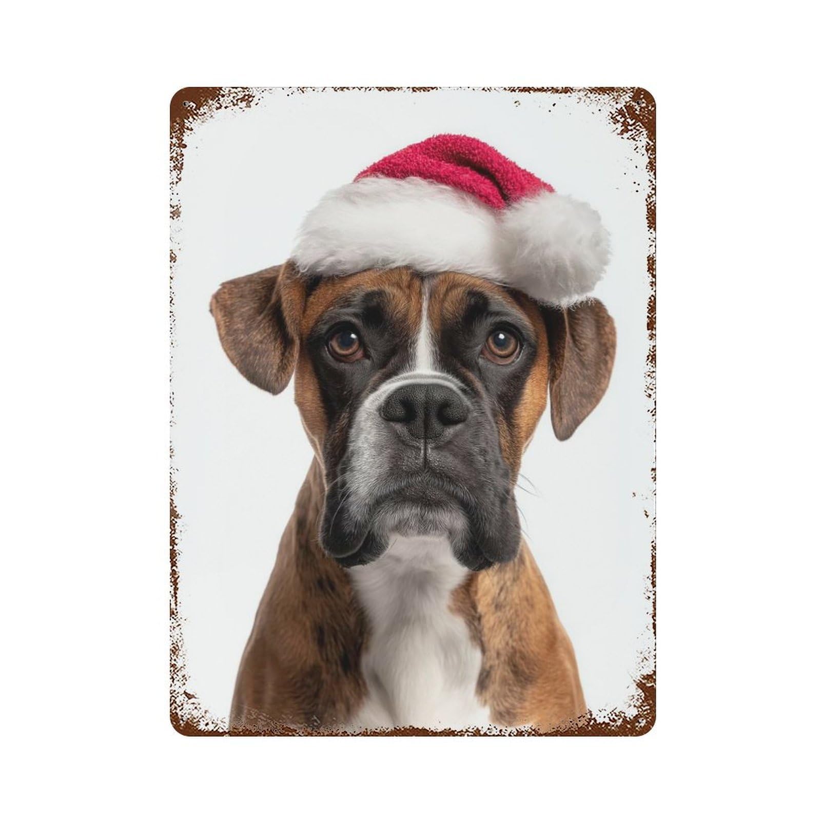 Christmas Boxer Dog with Santa Hat Rust Effect Tin Sign 15.7"x11.8", Novelty Wall Decor for Garage, Pub Or Kitchen