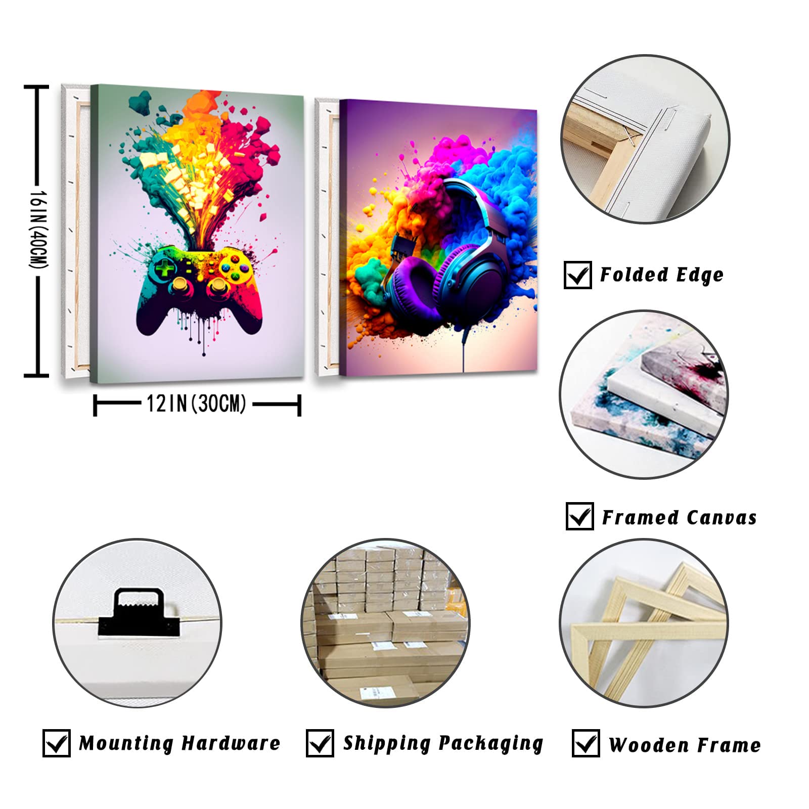 BSZY Get Videospiel-Leinwand Wandkunst Spielzimmer Dekor Coole Gaming Gemälde Spiel Bilder Kopfhörer Game Controller für Jungen Wohnheim 30,5 x 40,6 cm Set von 2 fertig zum Aufhängen
