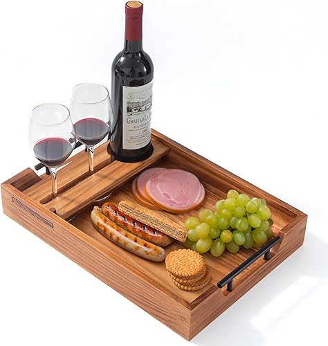 Miniatura 10 de Bandeja de madera de acacia con asas de metal, bandeja de bebidas de alimentos de 17 x 12 pulgadas para mesa de café, desayuno, cena y bar, bandeja