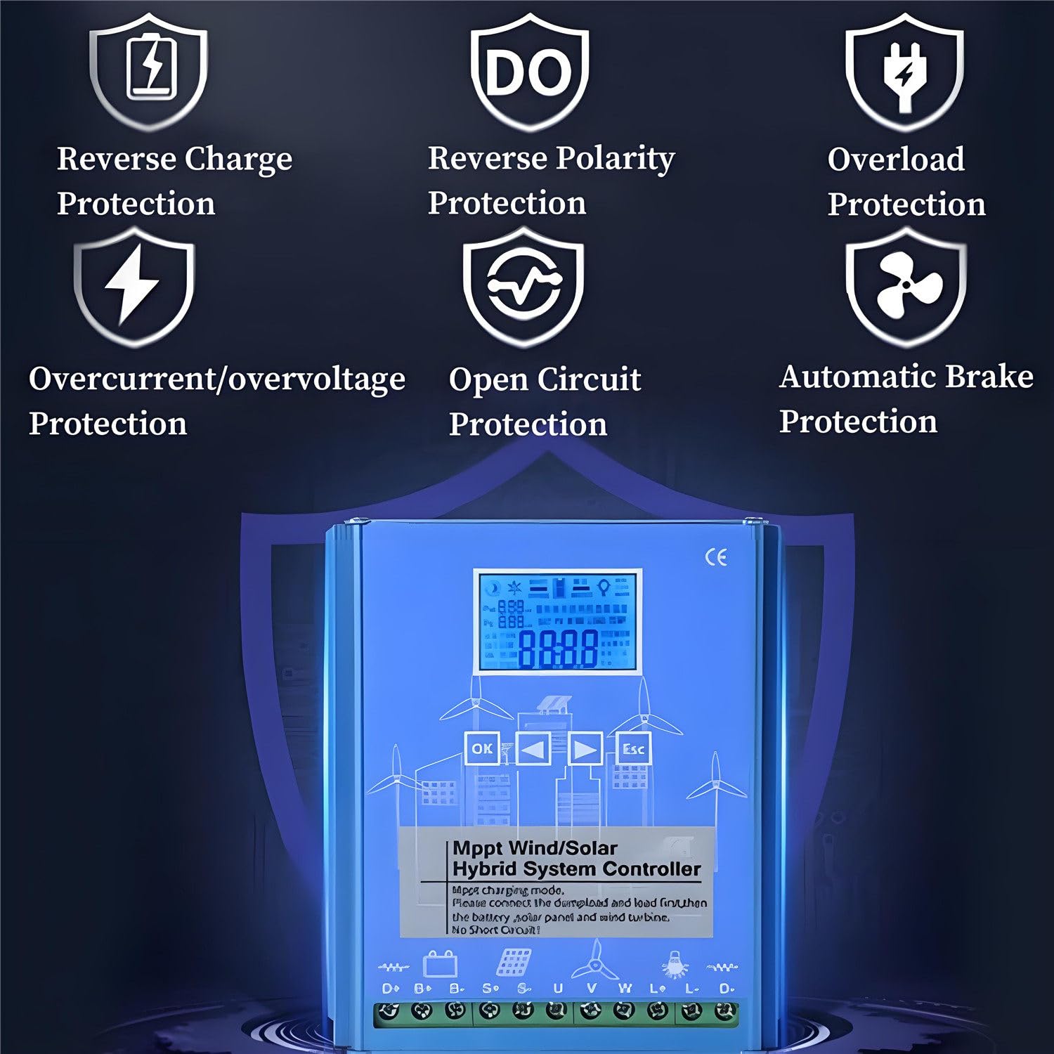 Kontroler ładowania wiatrowego i słonecznego 16000 W, hybrydowy kontroler ładowania wiatrowo-słonecznego z wyświetlaczem LCD i obciążeniem rozładowczym 48V