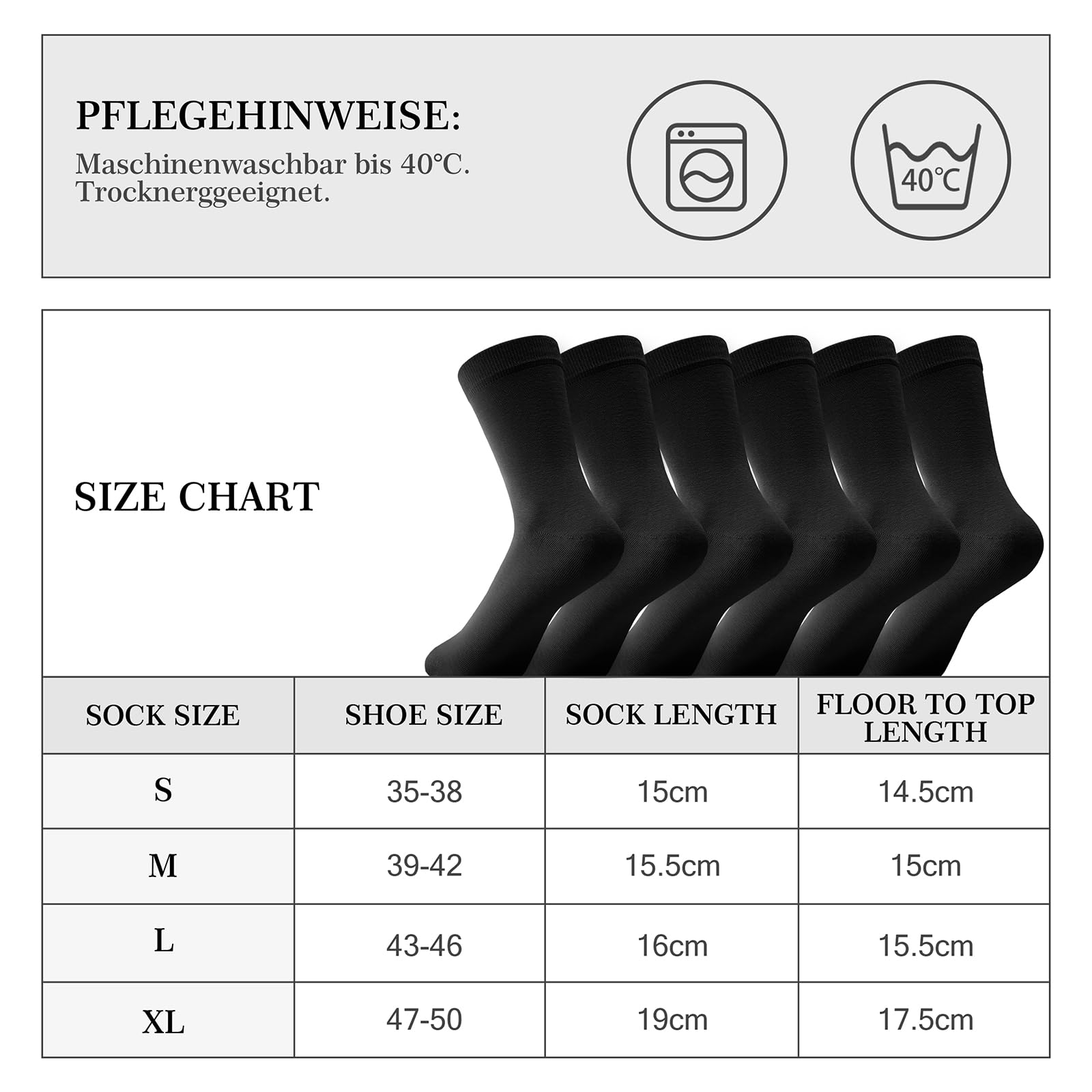 Fullluwaa 12 Paar Socken Herren Damen,Soft Baumwolle Herrensocken,Lange Arbeitssocken Schwarz