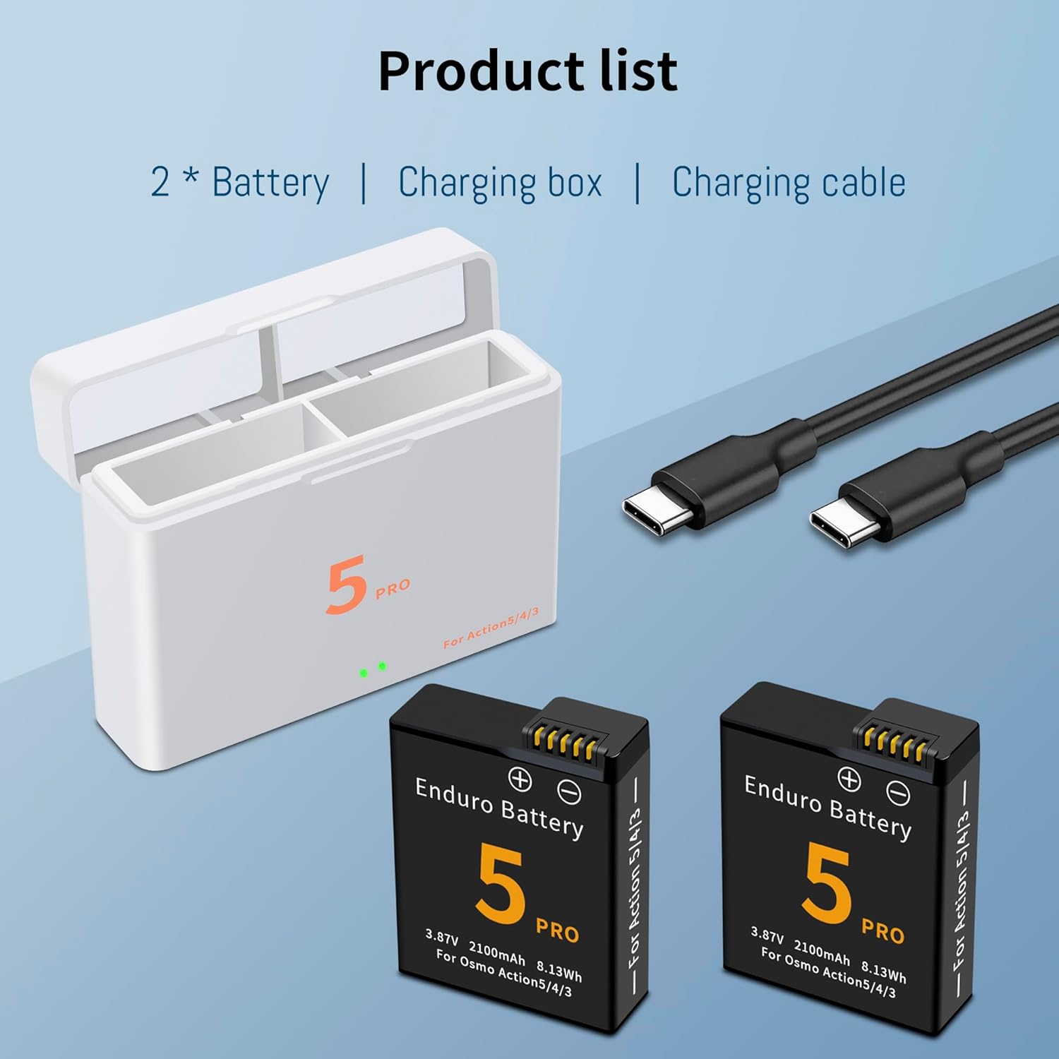 2 Pack for Osmo Action 5 Pro/4/3 Battery, 5V 3A USB-C Dual-Slot Charging Hub Compatible with DJI Osmo Action 5 Pro Action4/3 Cameras Upgrade Battery Rechargeable Capacity 3.87V 2100mAh/8.13Wh
