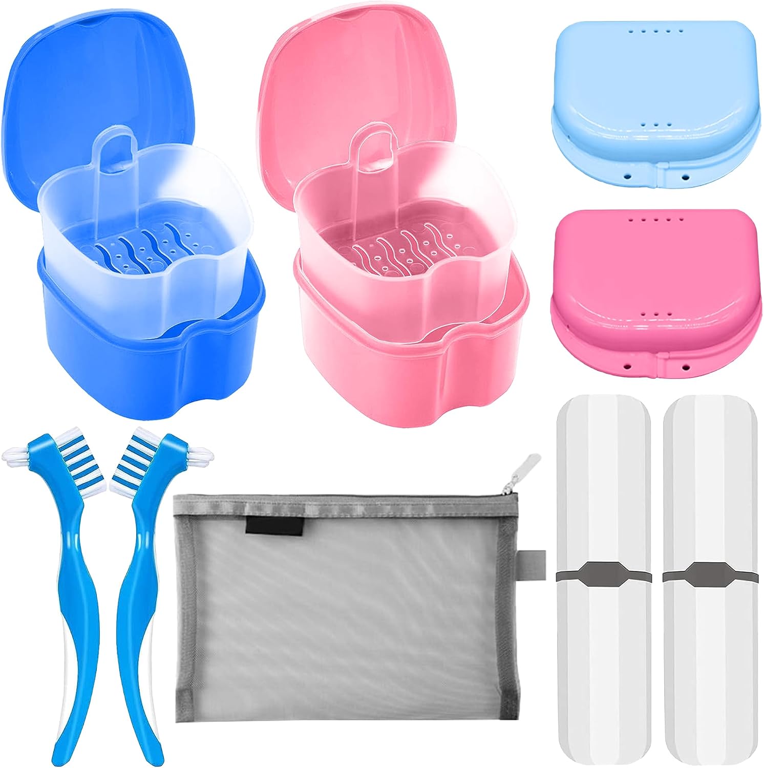 11 Pcs Denture Case Kit, 2 Retainer Holder Boxes with Drainage Design, 2 Denture Bath Case Cups, 2 Dual Headed Denture Toothbrushes, 2 Portable Toothbrush Cases and Mesh Bag (Pink)