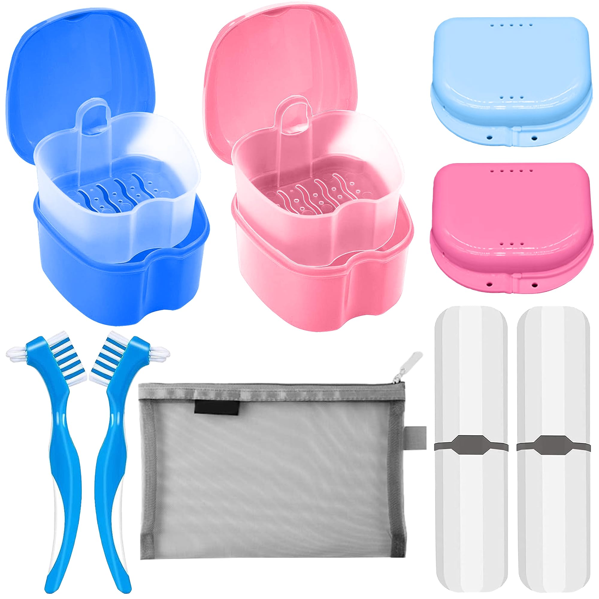 11 Pcs Denture Case Kit, 2 Retainer Holder Boxes with Drainage Design, 2 Denture Bath Case Cups, 2 Dual Headed Denture Toothbrushes, 2 Portable Toothbrush Cases and Mesh Bag for Travel and Home (Pink)-image-48
