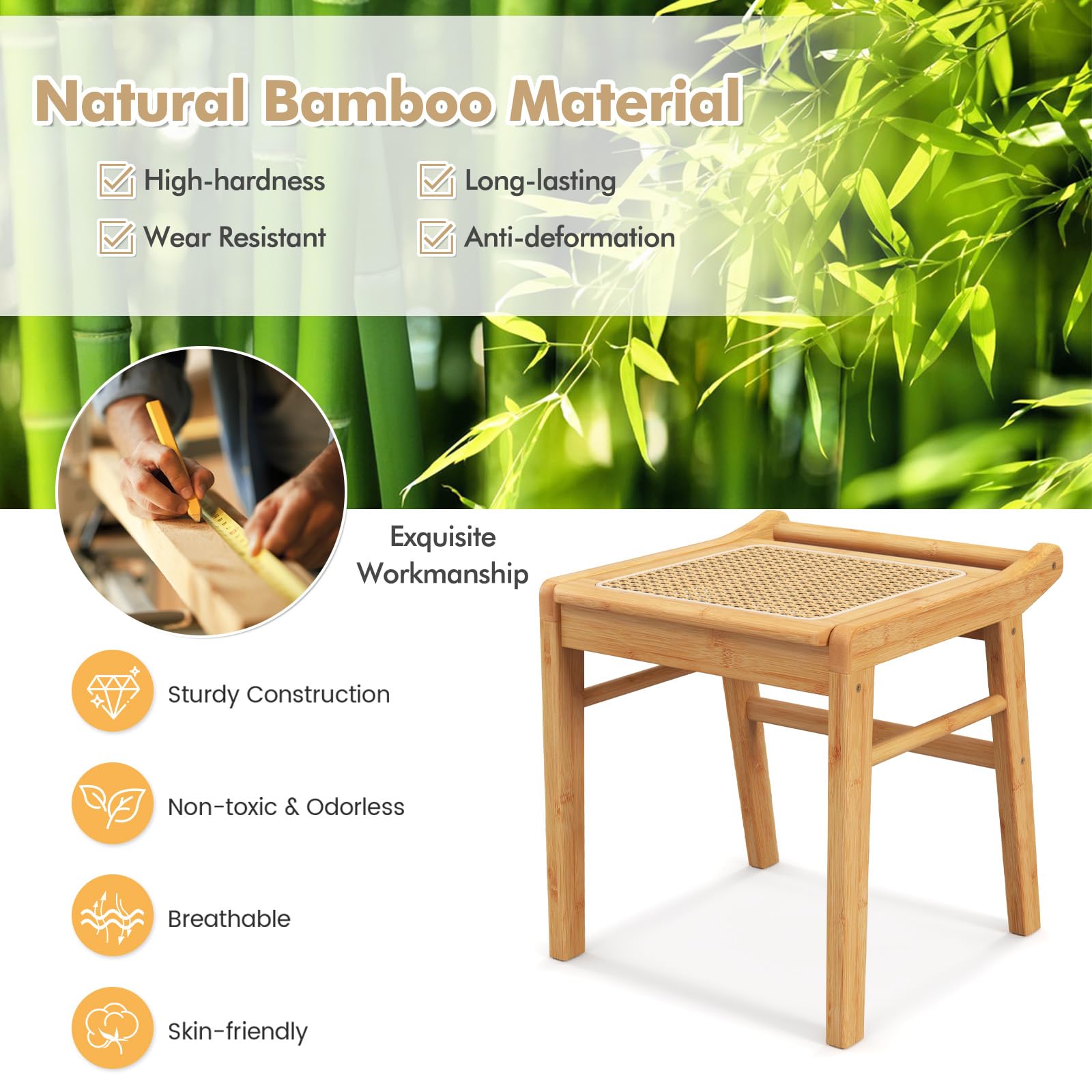 HOMASIS Taburete tocador de Maquillaje de bambú, Banqueta con Asiento de bambú y ratán con Capacidad de Carga de hasta 120 kg, Silla cosmética pequeña para tocador, salón, Dormitorio, 38x40x43cm