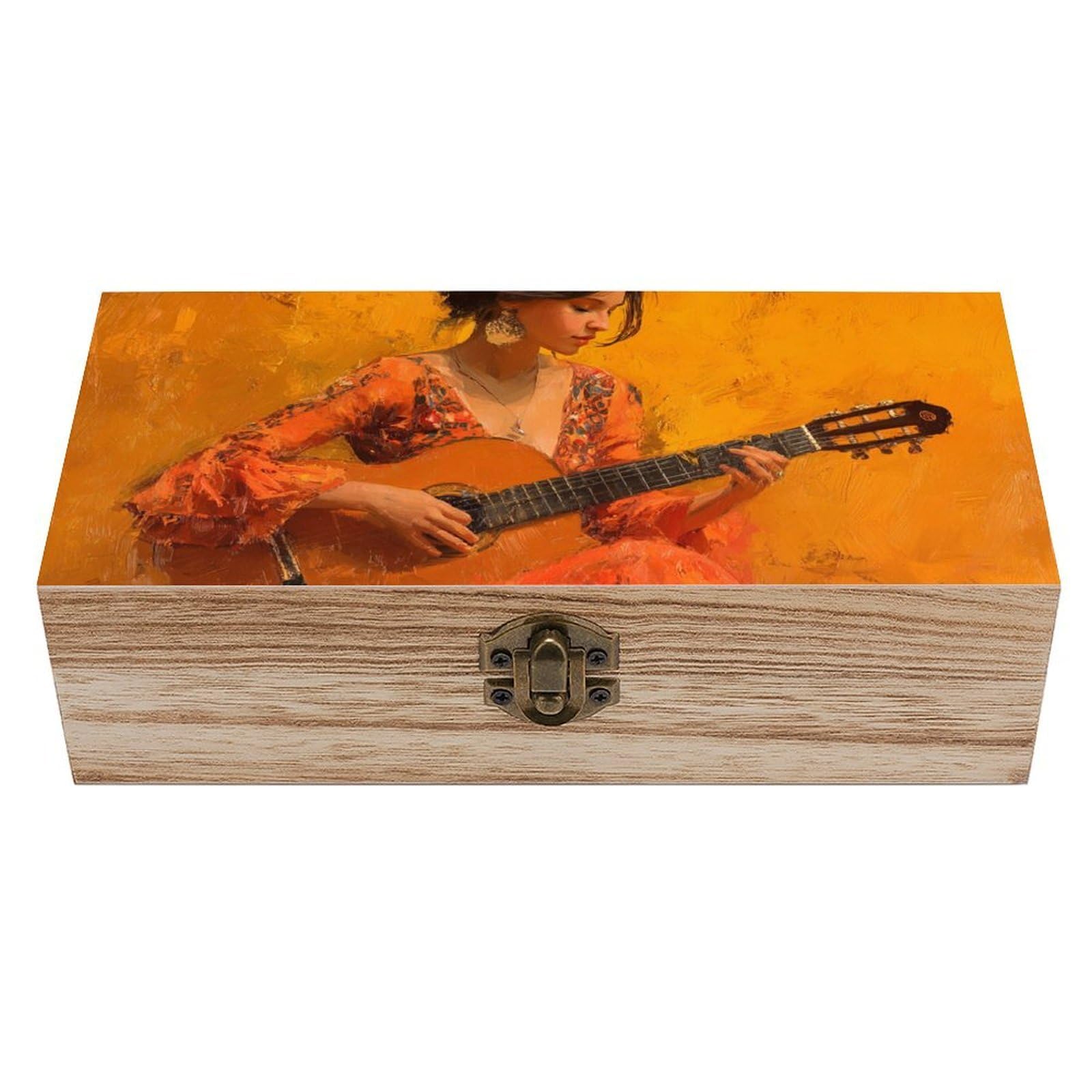 asbwuo Beautiful Woman Playing A Guitar Wooden Storage Box with Hinged Lid