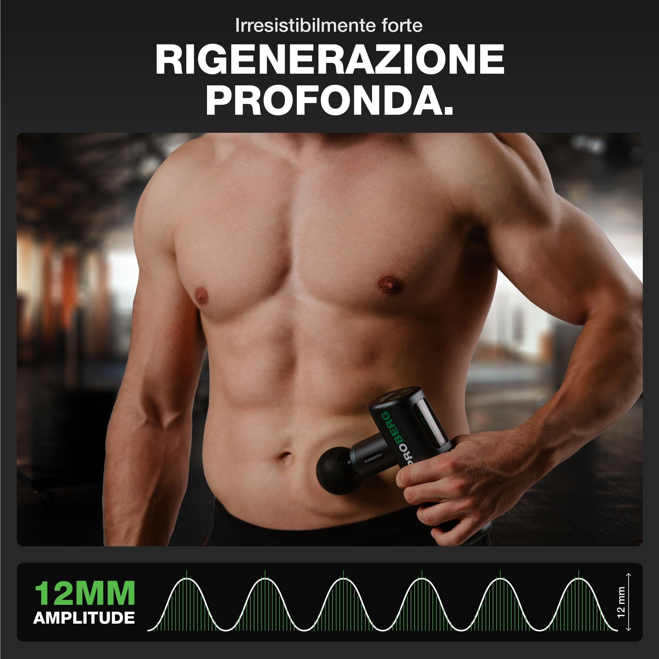 DONNERBERG® Proberg Pistola Massaggiante Professionale Per Tessuti Profondi | Ampiezza Di 12 mm, 24 kg Di Forza, Batteria Samsung Da 3500 mAh, 7 Testine In Silicone, Garanzia Motore 7 Anni