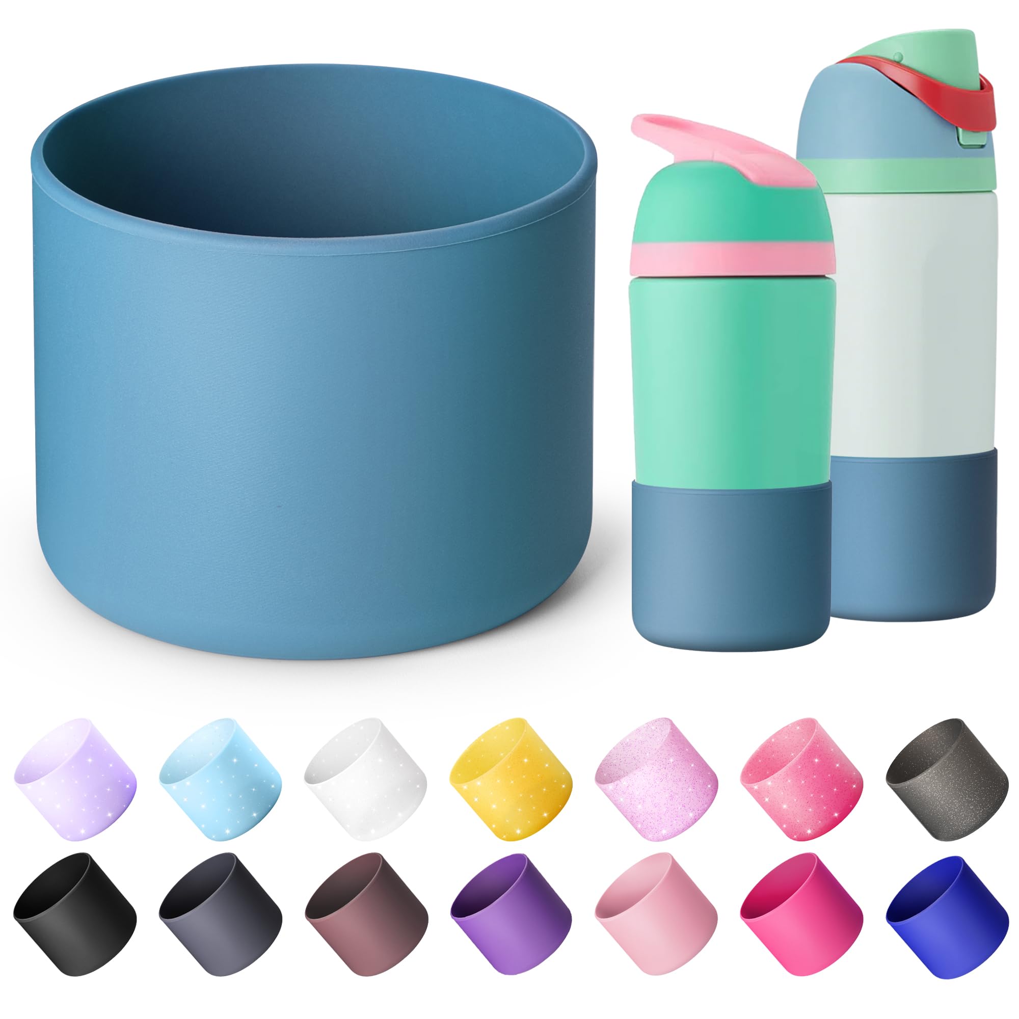 Diumepo Silicone Water Bottle Boot for Owala 14/16oz, Anti-Slip Protective Sleeve Bottom Bumper Protector for Owala Kids 12 oz Tumbler, Flip 14 oz and FreeSip 16 oz Water Bottle (Denim Blue)