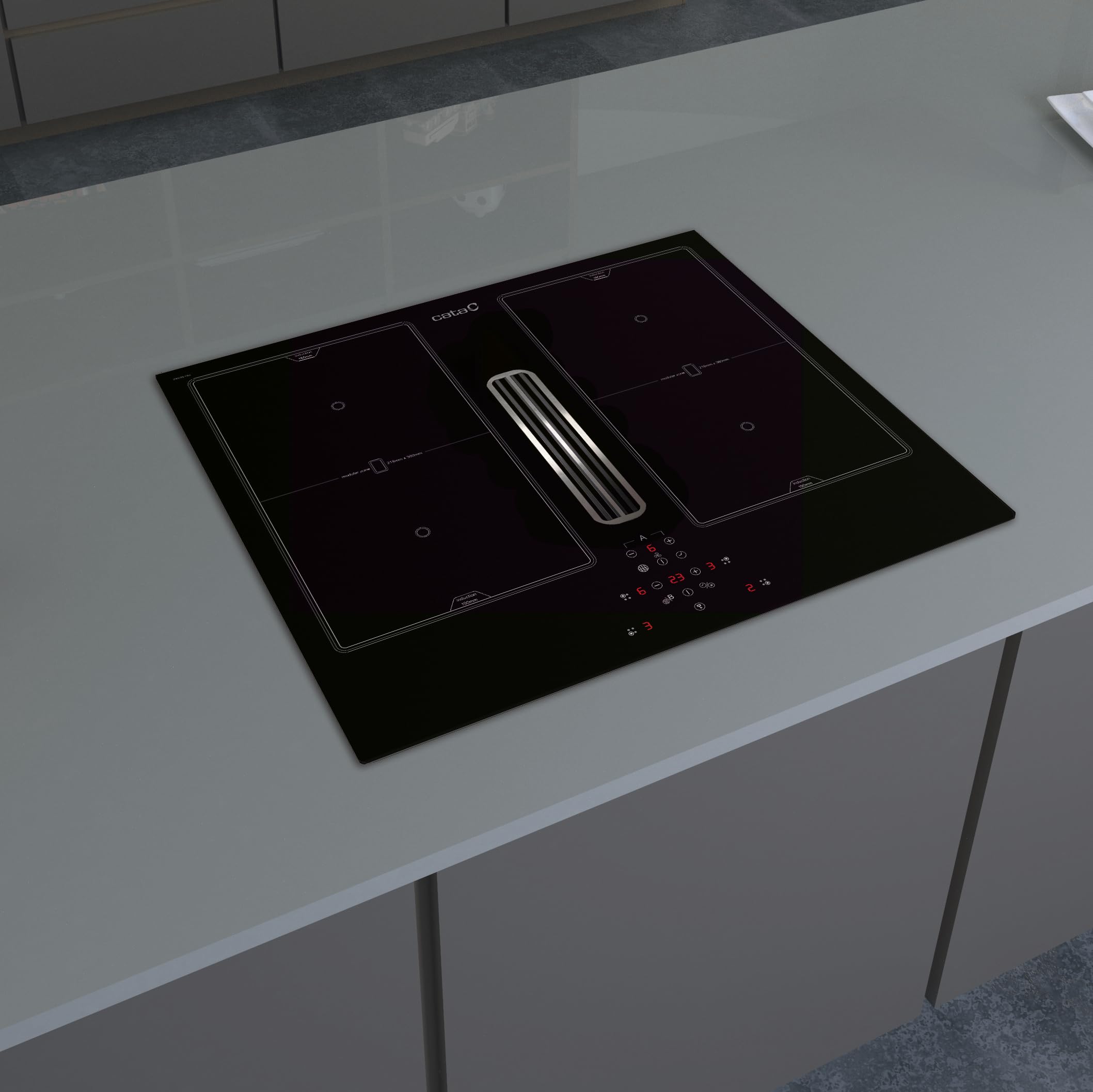 Cata Placa de Inducción AS 600 con Extractor de Humos Integrado, 4 Zonas, 6 Niveles de Extracción, 9 Niveles de Potencia, Ancho 59cm, Temporizador, Táctil, Bloqueo de Seguridad, Negro