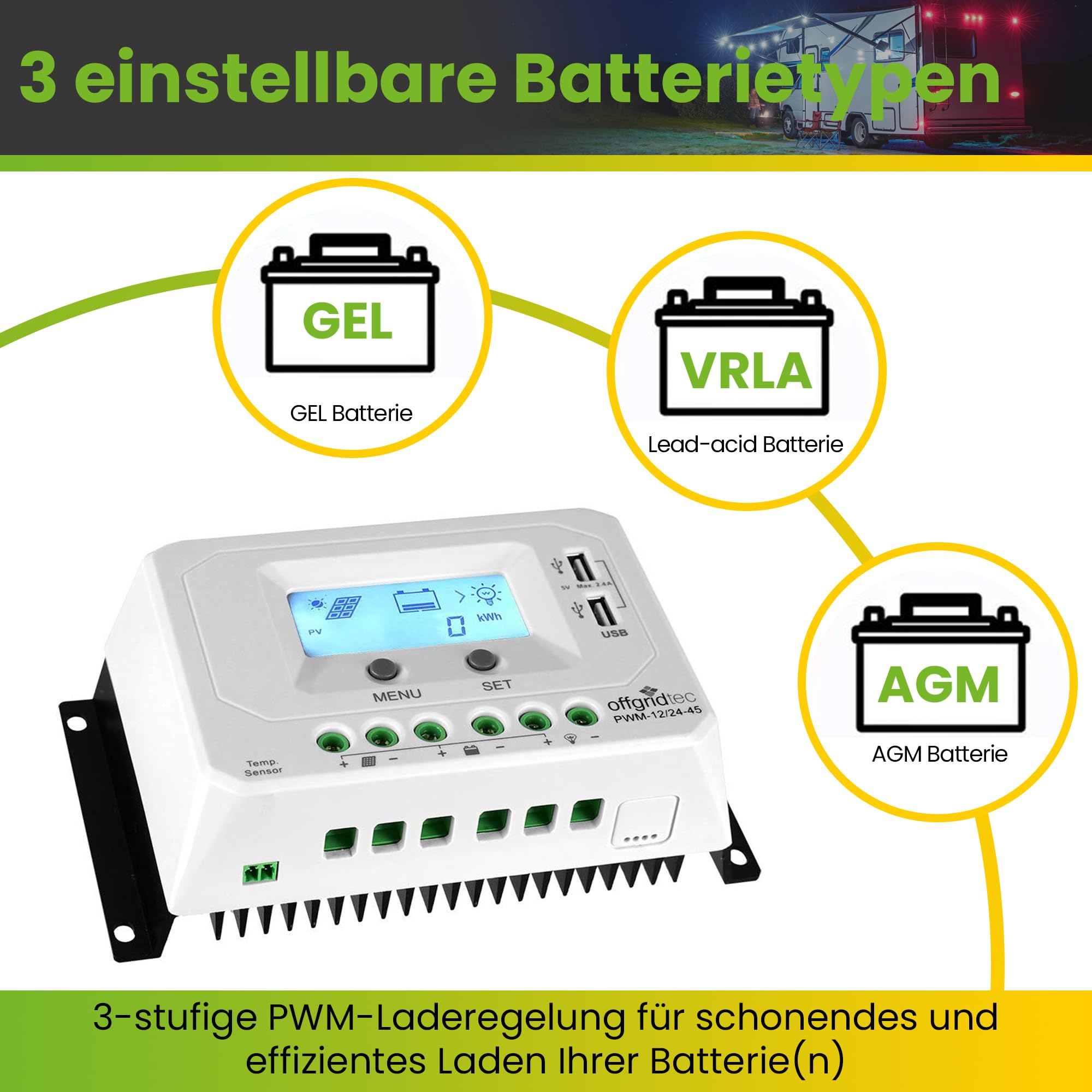 Offgridtec® PWM Pro Laderegler 12V/24V 45A USB