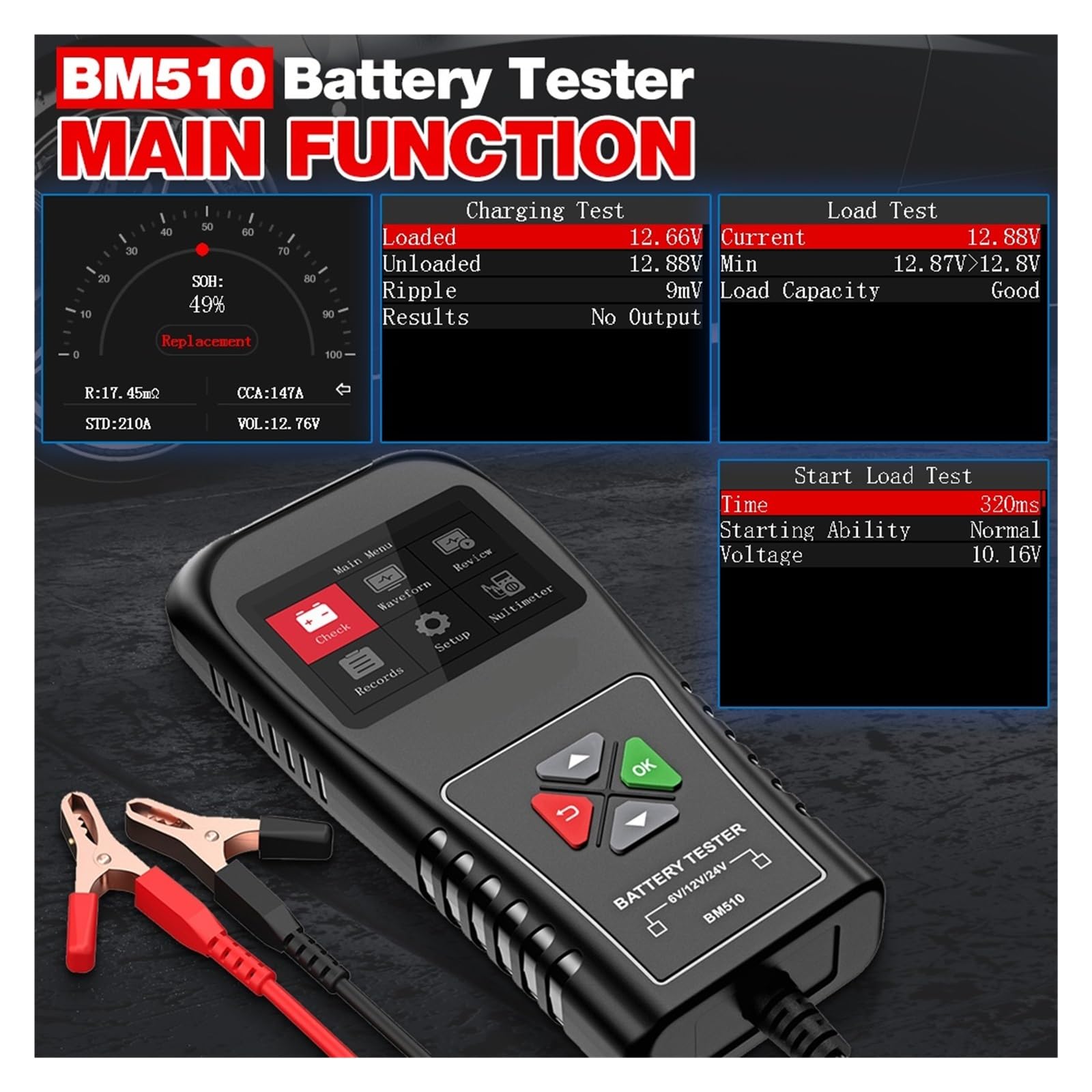 Tester Akumulatora Samochodowego 6V 12V 24V Motocykl Ciężarówka Tester Pojemności Akumulatora Rozruchu Ładowania Tester Obwodów Skaner Profesjonalne Narzędzie Diagnostyczne