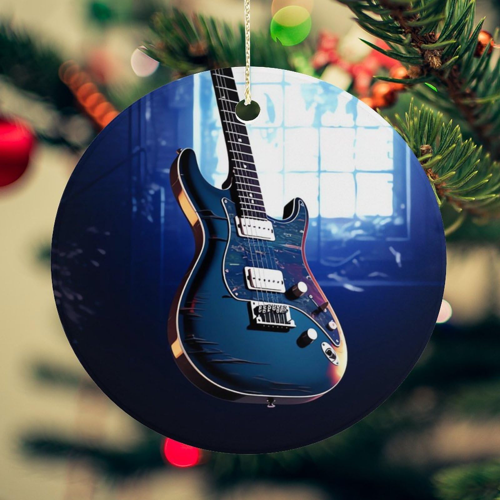 Blue Guitar Christmas Ornament for Christmas Tree Ceramic Round Ornament Winter Holiday Keepsake Gift 2.7" Christmas Tree Hanging Decorations Circle Ceramic Pendant Xmas Gift