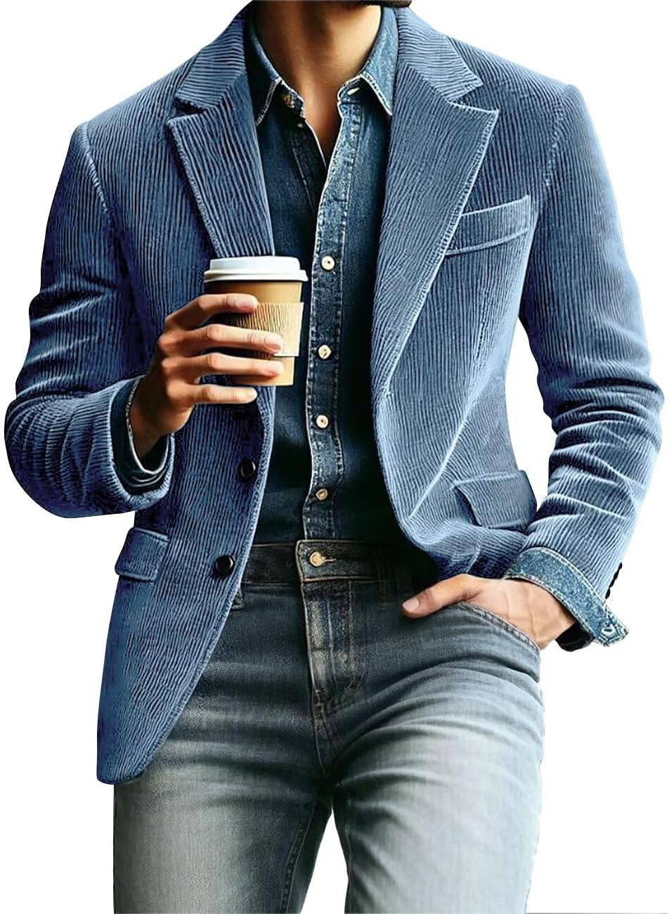 Mens Corduroy Blazer Vintage Suit Jacket Casual Formal 2 Button Notch Lapel Sport Coat Long Sleeve Wedding Coats