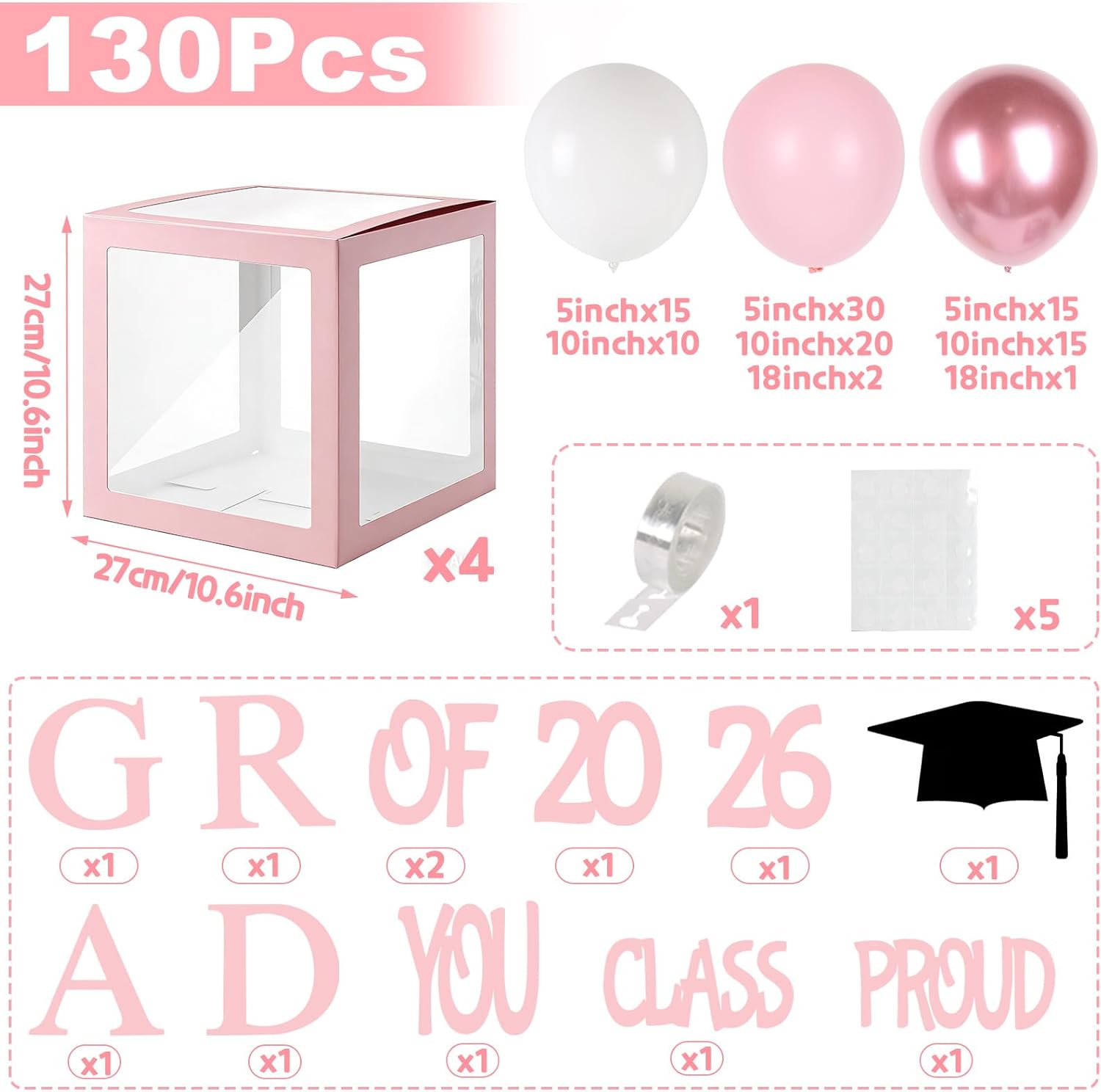 Graduation Decorations 2026,4 Pcs Transparent Balloon Boxes with Letters of GRAD,PROUD OF YOU,Class of 2026 and 130pcs Light Pink Balloons Arch for High School College 2026 Grad Party Supplies