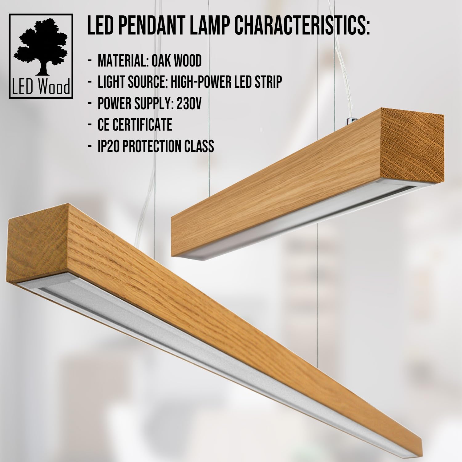 LED Wood Drewniana lampa wisząca z dębu 60 cm – Ręcznie wykonana lampa wisząca nad stół jadalniany –Lampa do jadalni, salonu i kuchni – 24W 1600 lm Ciepłe białe światło 3000 K